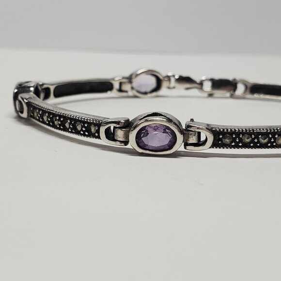 Amethyst & Marcasite Sterling Silver chain bracelet - Picture 4 of 12